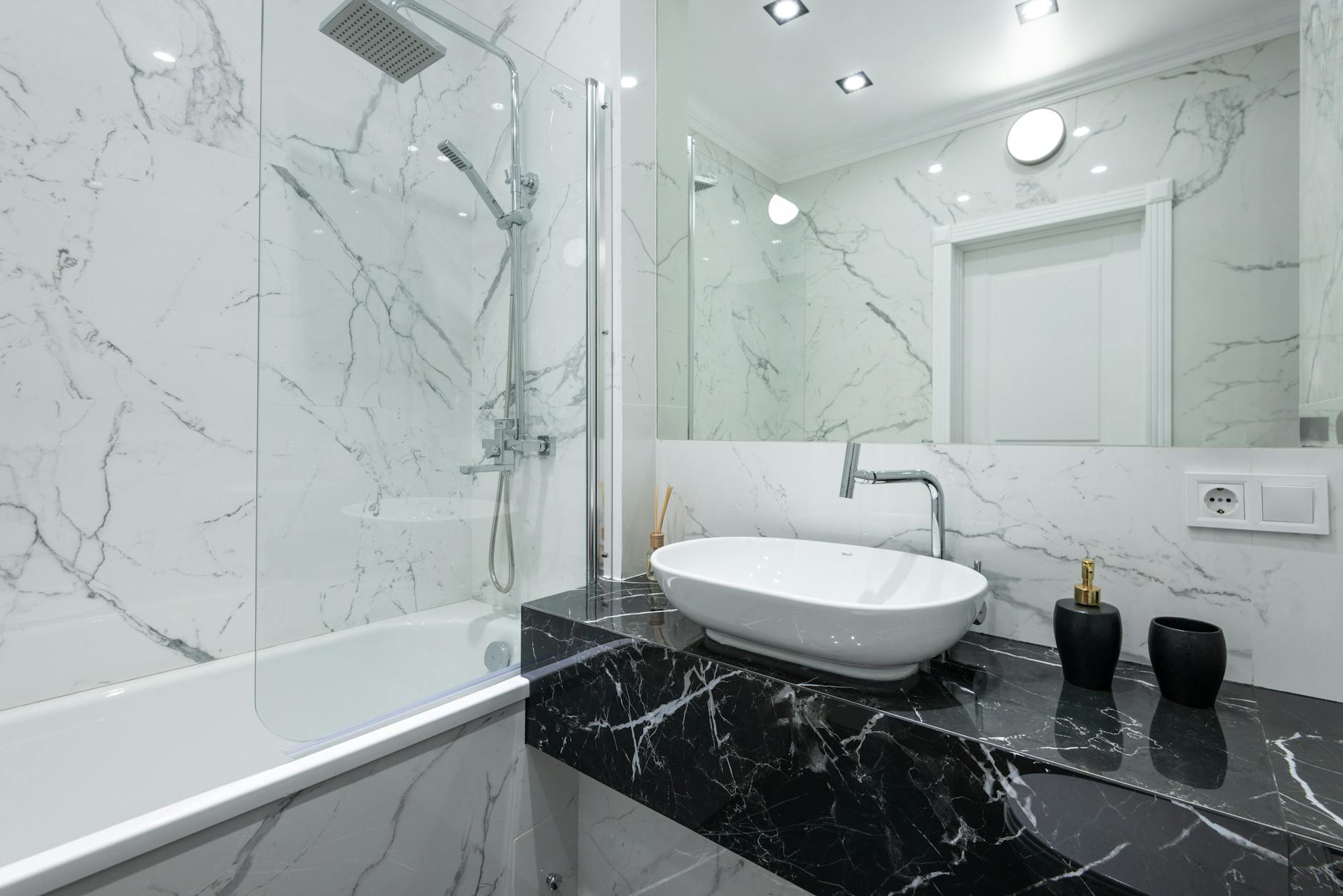 Open bathroom shelves with a balanced mix of practical storage and simple styling
