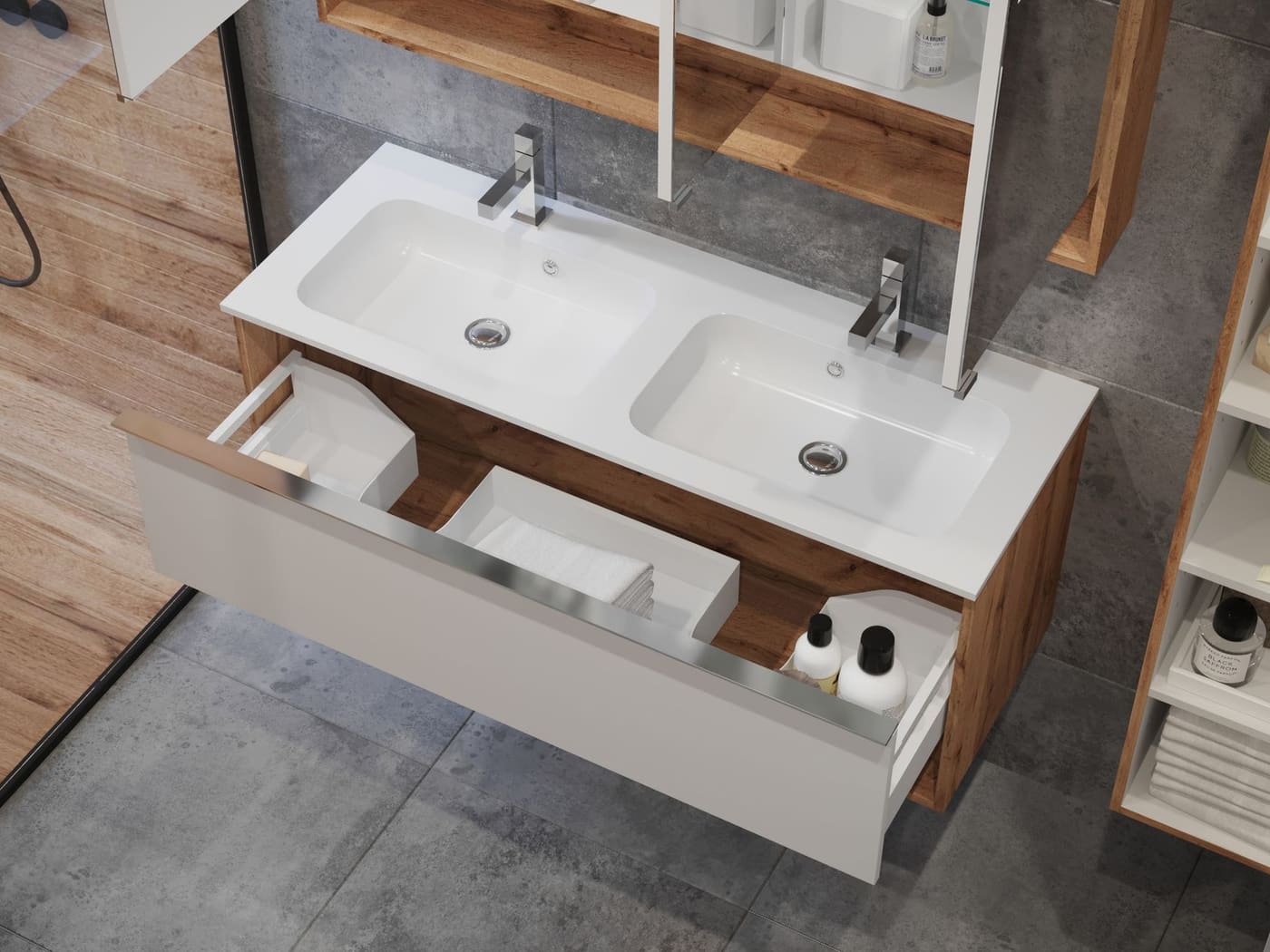 Open vanity drawer cut out around the sink drain, with small trays inside